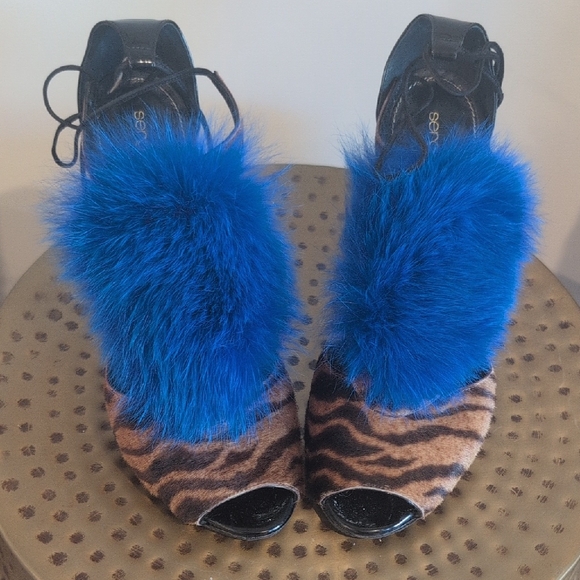 Sergio Rossi Blue and Brown Fur Heels